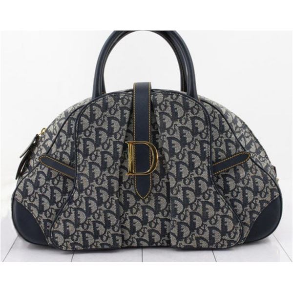 Christian Dior Navy Blue Diorissimo Canvas Saddle Medium Bowler Bag