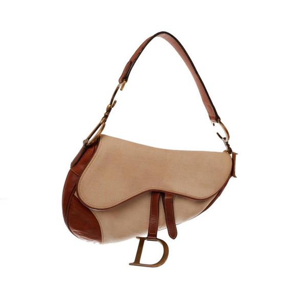 Christian Dior Beige Canvas Saddle Shoulder Bag