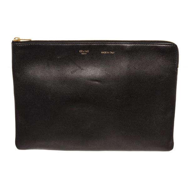 Celine Black Grained Leather Zip Pouch