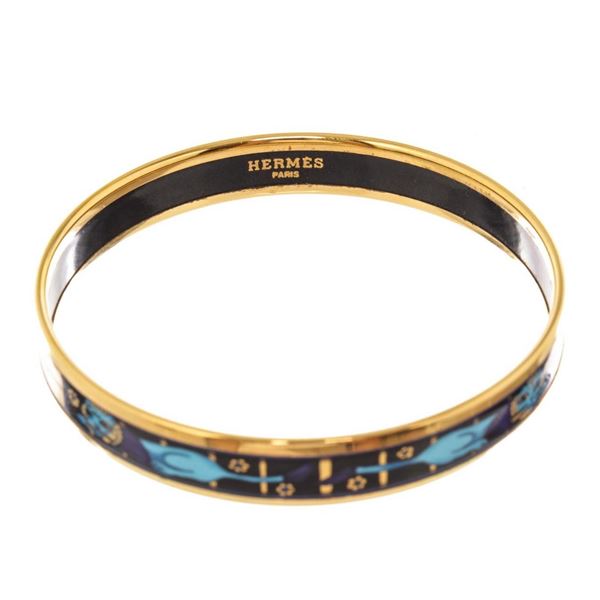 Hermes Blue Gold Print Enamel Bangle Bracelet