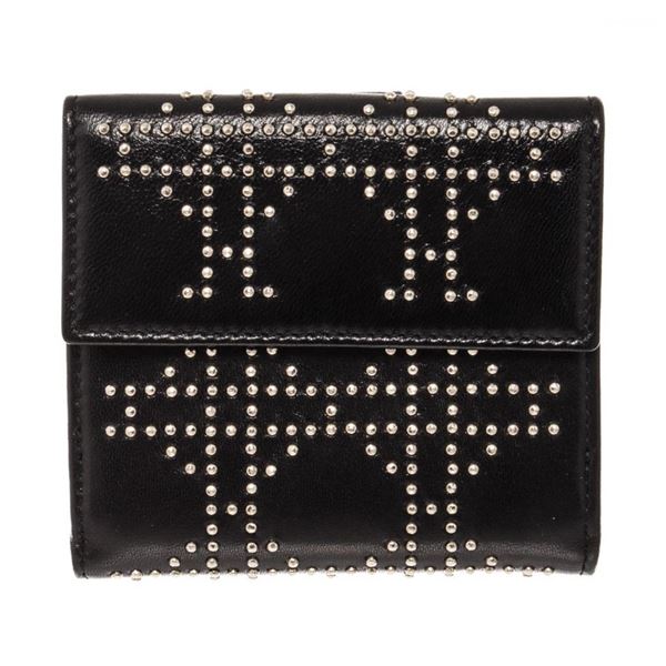 Christian Dior Black Lambskin Leather Cannage Studded Bifold Wallet