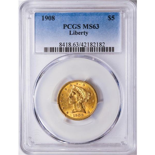 1908 $5 Liberty Head Half Eagle Gold Coin PCGS MS63