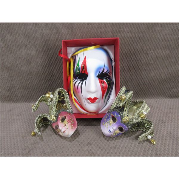 3 Carnival Masks - 2 Small Plastic, 1 Large Porcelain