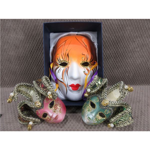 3 Carnival Masks - 2 Small Plastic, 1 Large Porcelain