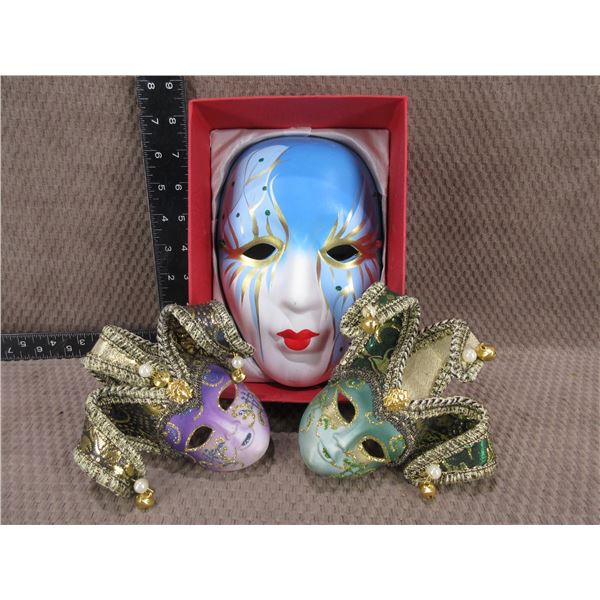 3 Carnival Masks - 2 Small Plastic, 1 Large Porcelain