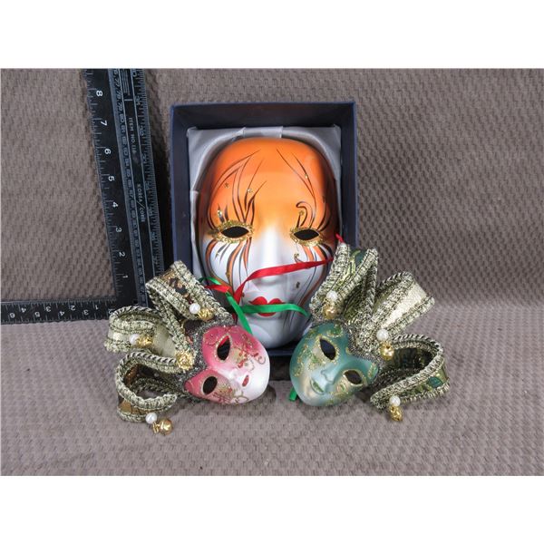 3 Carnival Masks - 2 Small Plastic, 1 Large Porcelain