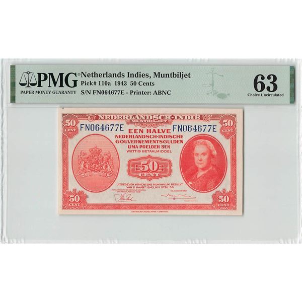 Netherlands Indies ½ Gulden 1943 ABNC Pick 110a PMG Choice UNC 63
