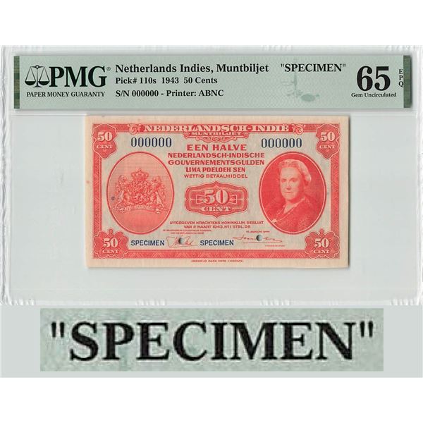 Netherlands Indies ½ Gulden 1943 Specimen ABNC Pick 110s PMG Gem UNC 65 EPQ