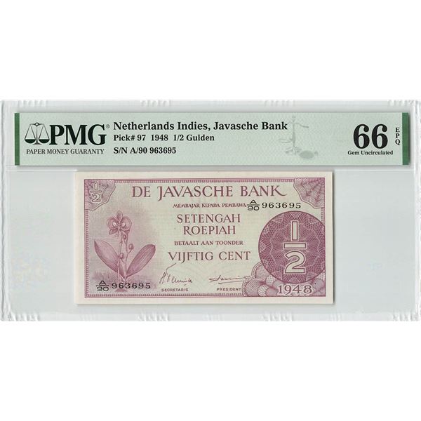 Netherlands Indies ½ Gulden 1948 Pick 97 PMG Gem UNC 66 EPQ
