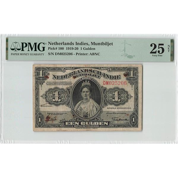 Netherlands Indies 1 Gulden 1919 ABNC Pick 100 PMG Very Fine 25