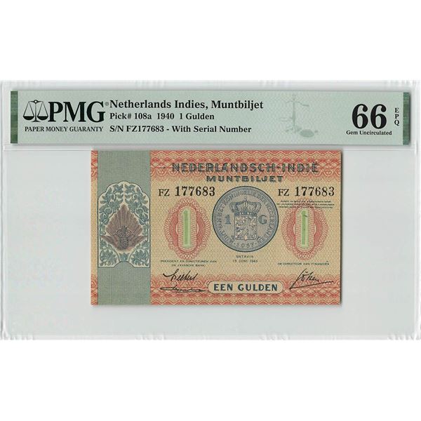 Netherlands Indies 1 Gulden 1940 Pick 108a PMG Gem UNC 66 EPQ