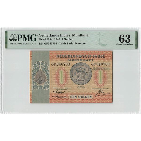 Netherlands Indies 1 Gulden 1940 Pick 108a PMG Choice UNC 63