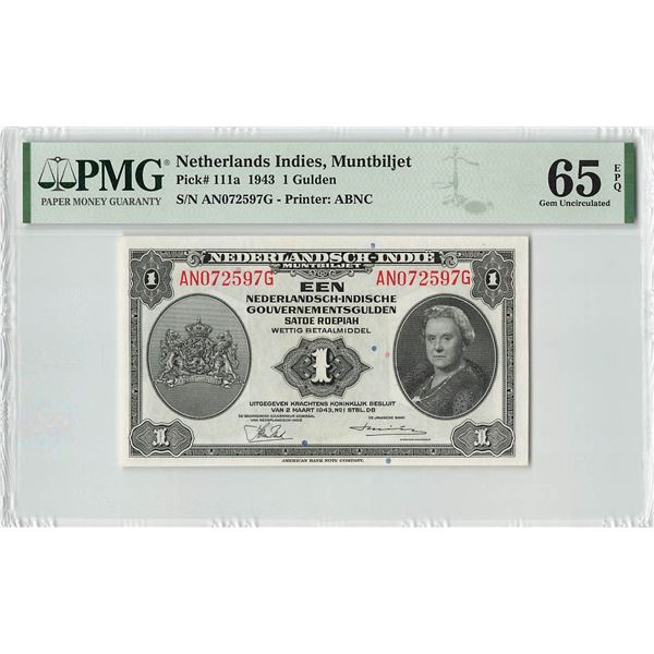 Netherlands Indies 1 Gulden 1943 ABNC Pick 111a PMG Gem UNC 65 EPQ