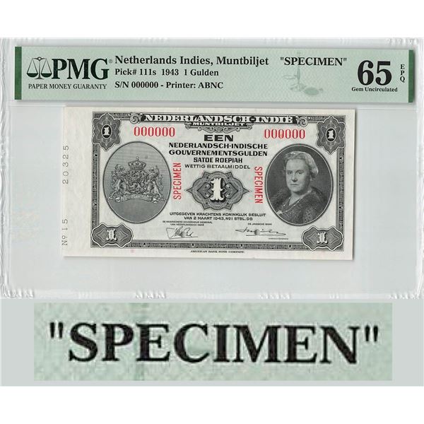 Netherlands Indies 1 Gulden 1943 Specimen Pick 111s PMG Gem UNC 65 EPQ (special variant with extra p
