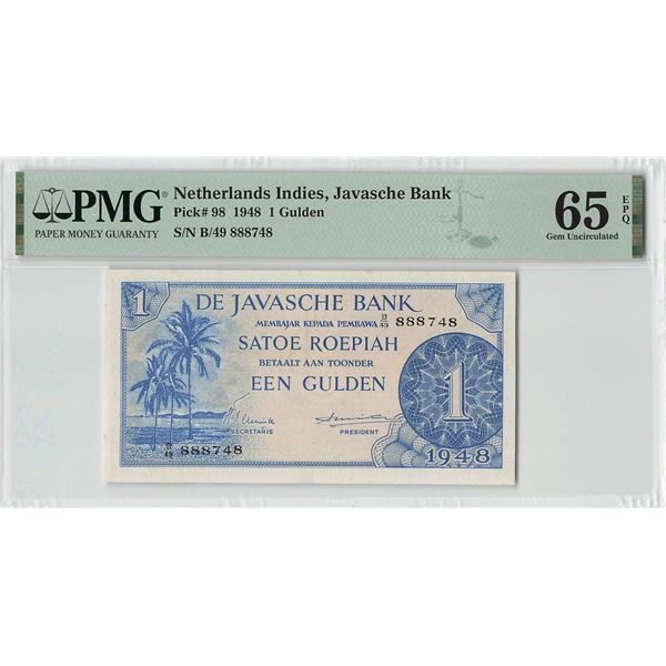Netherlands Indies 1 Gulden 1948 JEZ Pick 98 PMG Gem UMG 65 EPQ