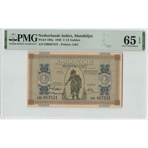 Netherlands Indies 2½ Gulden 1940 Pick 109a PMG Gem UNC 65 EPQ