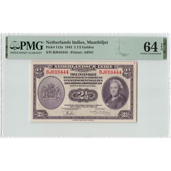Netherlands Indies 2½ Gulden 1943 ABNC Pick 112a PMG Choice UNC 64 EPQ