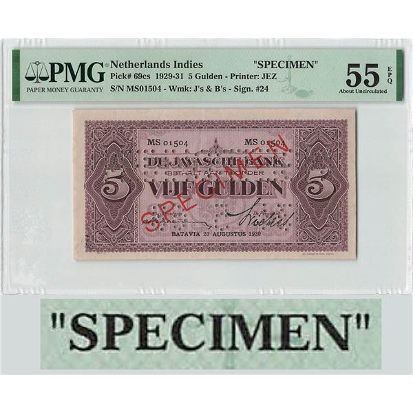 Netherlands Indies 5 Gulden 1930 J.P. Coen Specimen Pick 69cs PMG About UNC 55 EPQ