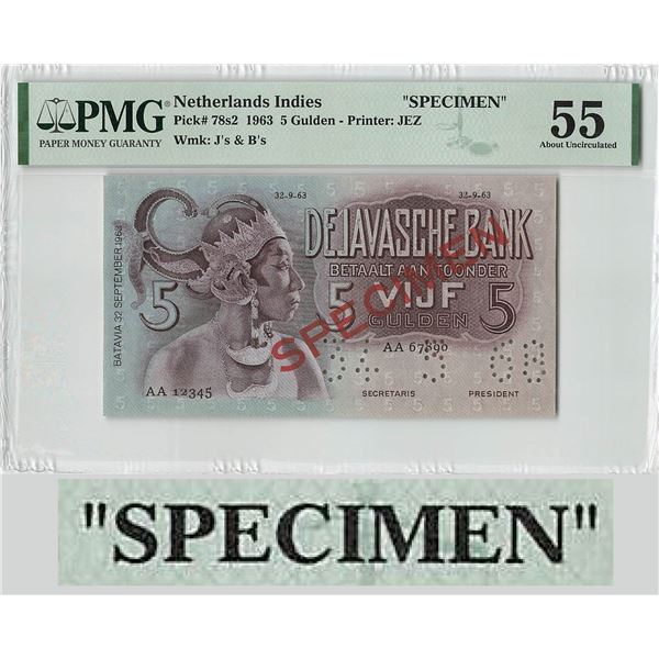 Netherlands Indies 5 Gulden 1963 Javanese Dancer Specimen Pick 78s2 PMG About UNC 55