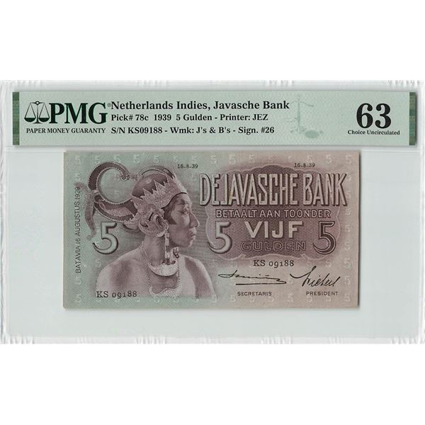 Netherlands Indies 5 Gulden 1939 Javanese Dancer JEZ Pick 78c PMG Choice UNC 63
