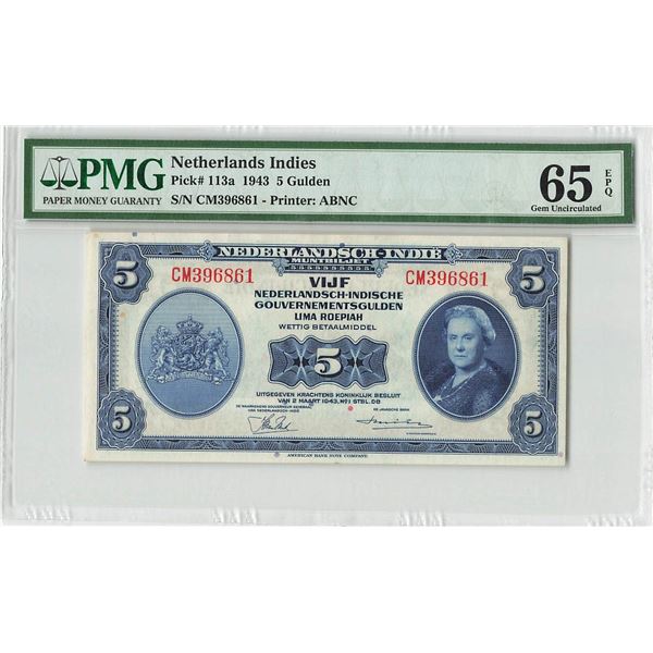 Netherlands Indies 5 Gulden 1943 ABNC Pick 113a PMG Gem UNC 65 EPQ