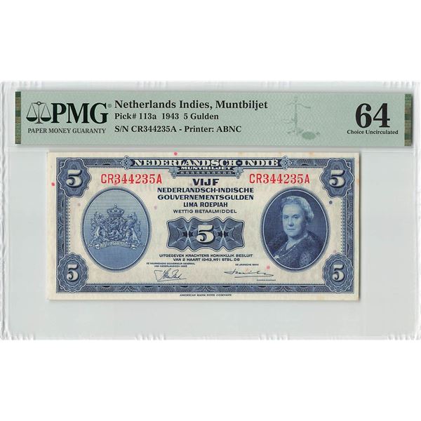 Netherlands Indies 5 Gulden 1943 ABNC Pick 113a PMG Choice UNC 64