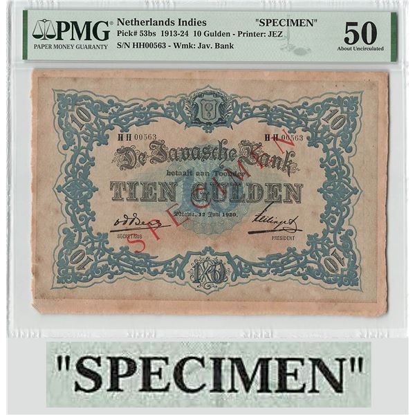 Netherlands Indies 10 Gulden 1920 Specimen Javasche Bank Pick 53bs PMG About UNC 50