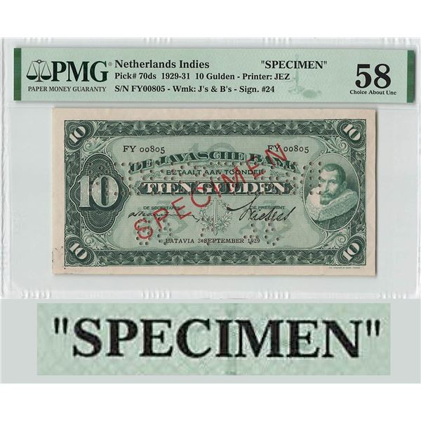 Netherlands Indies 10 Gulden 1929 Specimen J.P Coen Pick 70ds PMG Choice About UNC 58