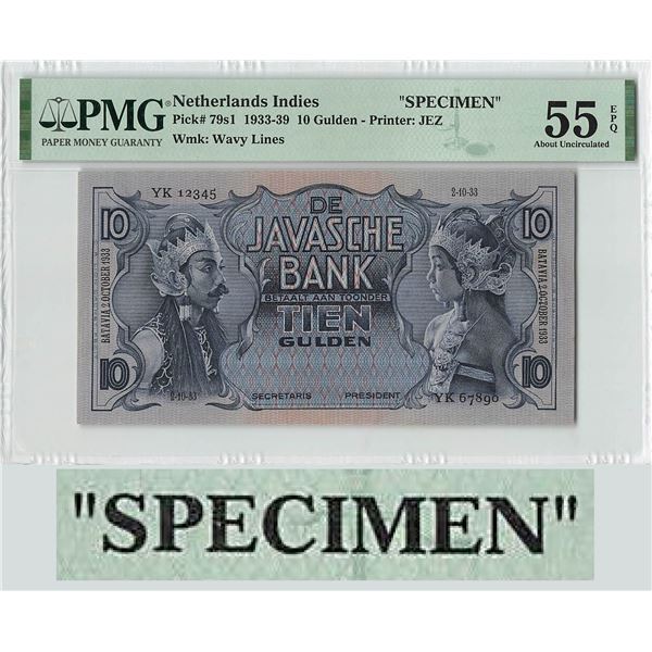 Netherlands Indies 10 Gulden 1933 Specimen Javanese Dancers Pick 79s1 PMG About UNC 55 EPQ
