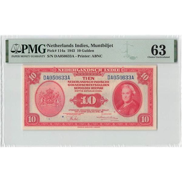 Netherlands Indies 10 Gulden 1943 ABNC Pick 114a PMG Choice UNC 63