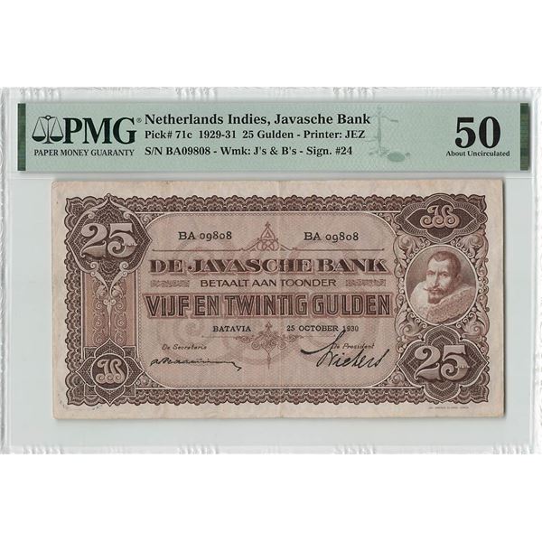 Netherlands Indies 25 Gulden 1930 J.P Coen Pick 71c PMG About UNC 50