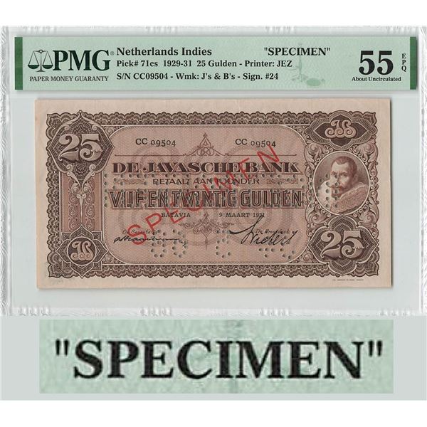Netherlands Indies 25 Gulden 1931 Specimen J.P Coen Pick 71cs PMG About UNC 55 EPQ
