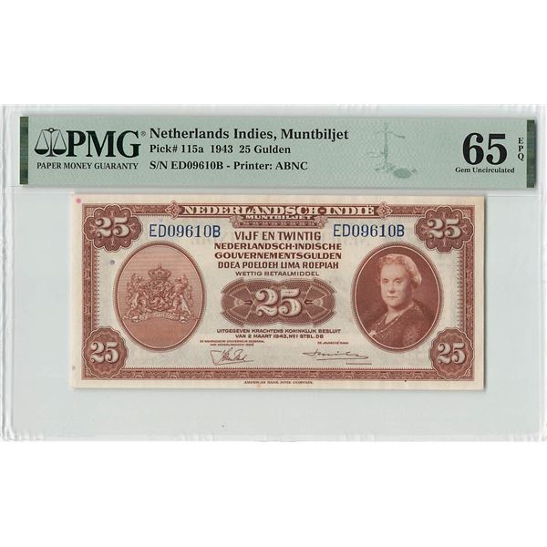 Netherlands Indies 25 Gulden 1943 ABNC Pick 115a PMG Gem UNC 65 EPQ