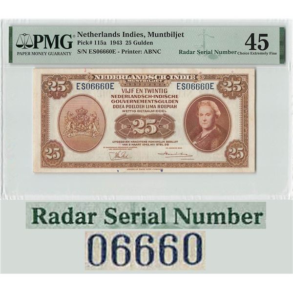 Netherlands Indies 25 Gulden 1943 Radar 06660 Serial Number! ABNC Pick 115a PMG Choice Extremely Fin