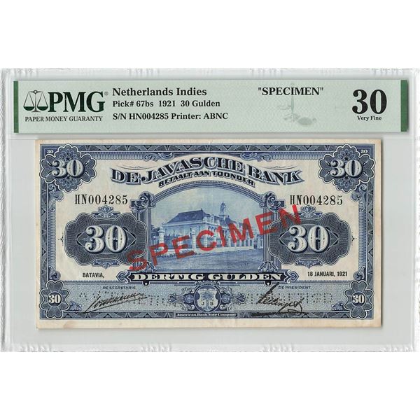 Netherlands Indies 30 Gulden 1921 Specimen ABNC Pick 67bs PMG Very Fine 30