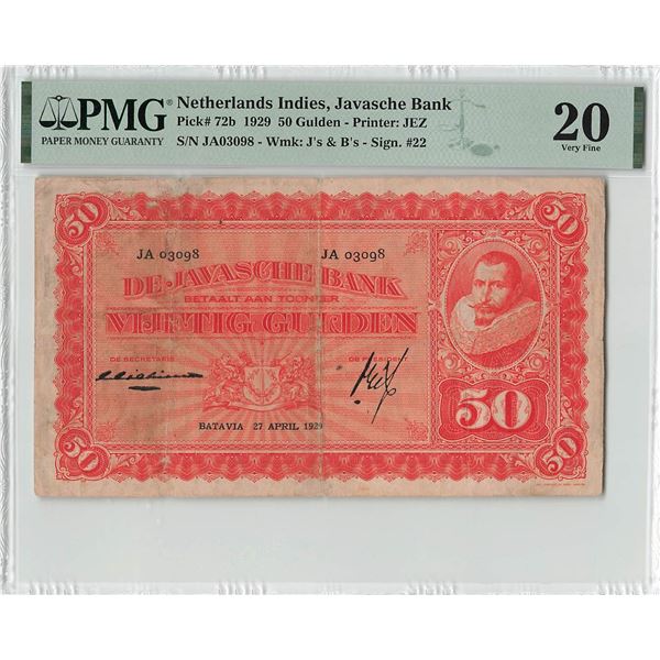 Netherlands Indies 50 Gulden 1929 J.P. Coen Pick 72b PMG Very Fine 20