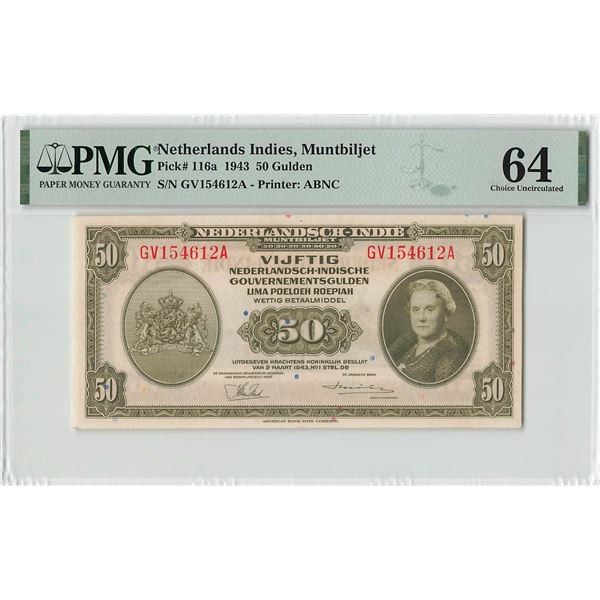 Netherlands Indies 50 Gulden 1943 ABNC Pick 116a PMG Choice UNC 64