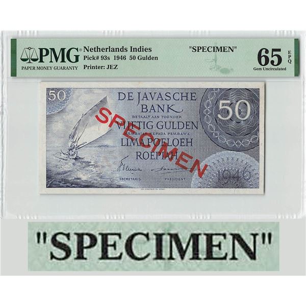 Netherlands Indies 50 Gulden 1946 Specimen Pick 93s PMG Gem Uncirculated 65 EPQ
