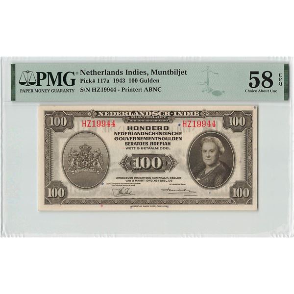 Netherlands Indies 100 Gulden 1943 ABNC Pick 117a PMG Choice About UNC 58 EPQ