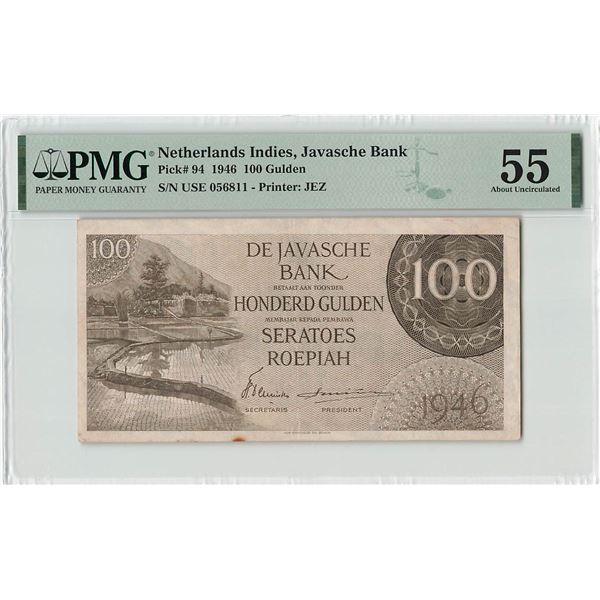 Netherlands Indies 100 Gulden 1946 JEZ Pick 94 PMG About UNC 55