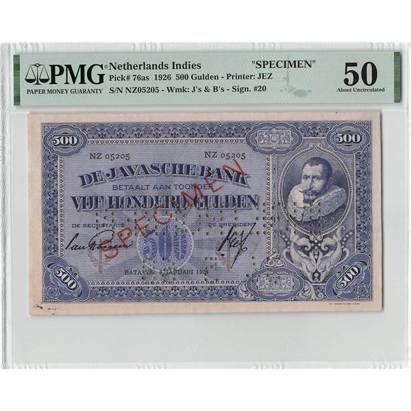 Netherlands Indies 500 Gulden 1926 Specimen J.P. Coen JEZ Pick 76as PMG About UNC 50