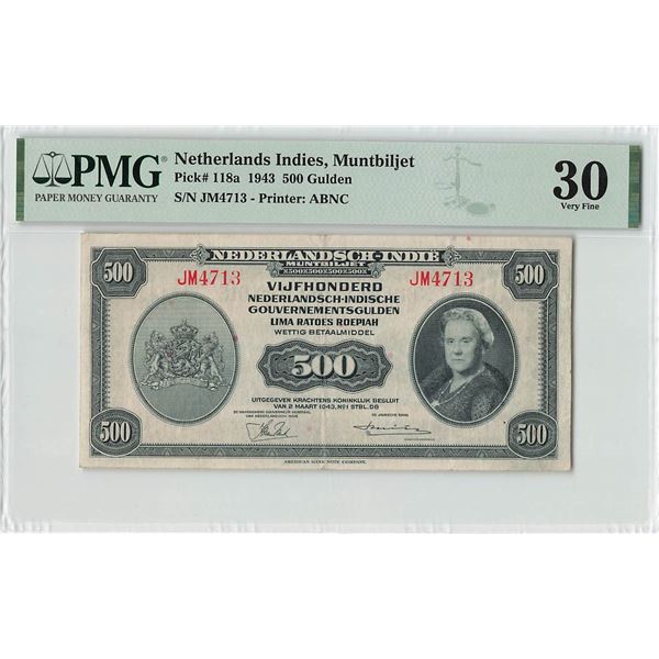 Netherlands Indies 500 Gulden 1943 ABNC Pick 118a PMG Very Fine 30