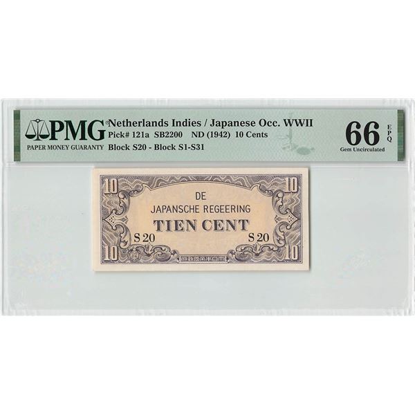 Netherlands Indies 10 Cent 1942 Pick 121a PMG Gem UNC 66 EPQ