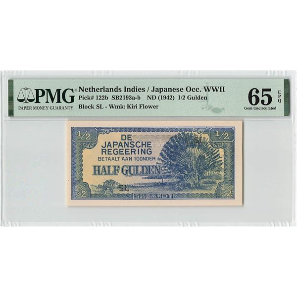 Netherlands Indies ½ Gulden 1942 Pick 122b PMG Gem UNC 65 EPQ