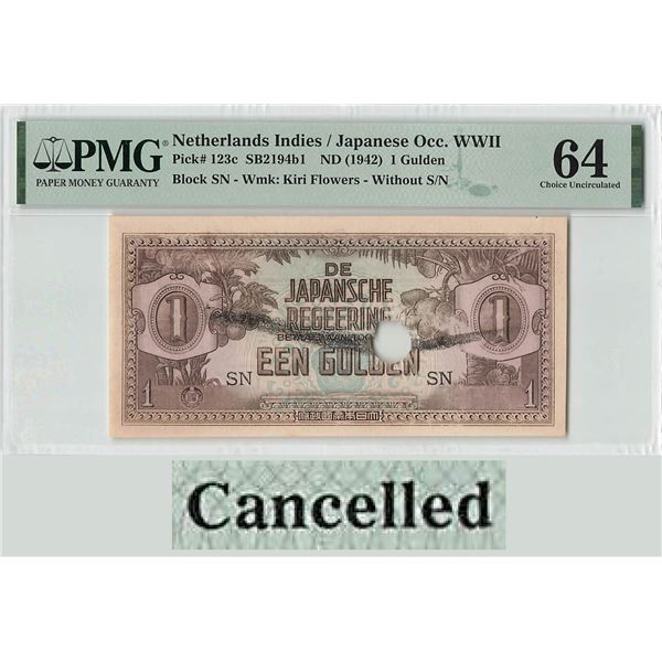 Netherlands Indies 1 Gulden 1942 Cancelled Pick 123c PMG Choice Uncirculated 64