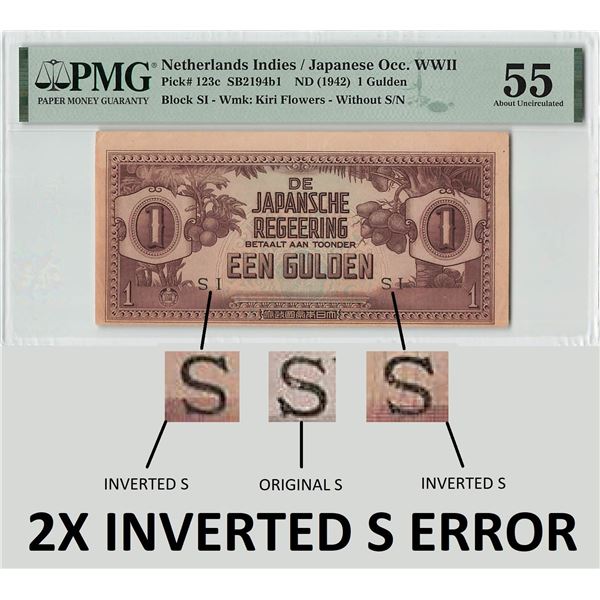 Netherlands Indies 1 Gulden 1942 Inverted 2x S Error Pick 123c PMG About Uncirculated 55