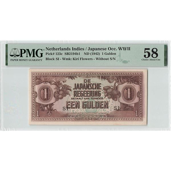 Netherlands Indies 1 Gulden 1942 Pick 123c PMG Choice About Uncirculated 58