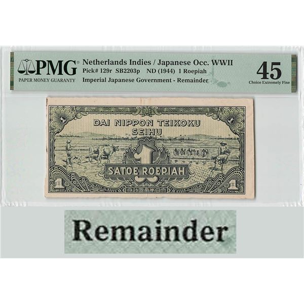 Netherlands Indies 1 Roepiah 1944 Remainder Pick 129r PMG Choice Extremely Fine 45