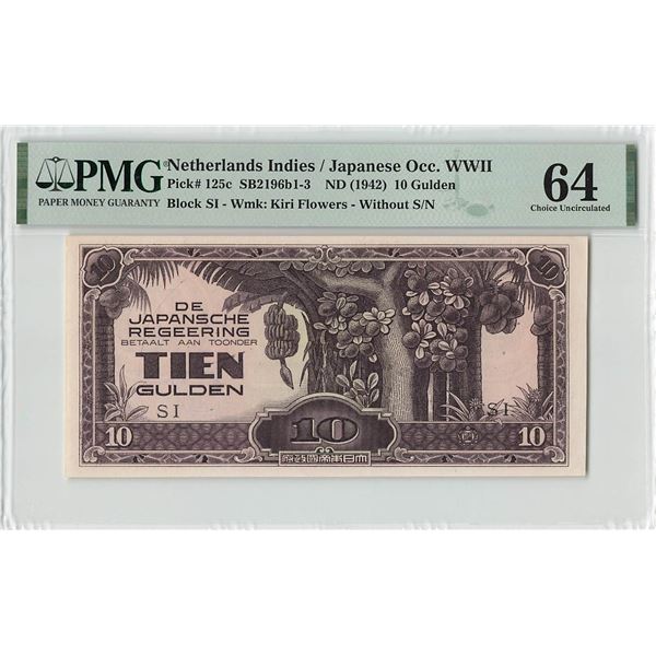 Netherlands Indies 10 Gulden 1942 Pick 125c PMG Choice UNC 64