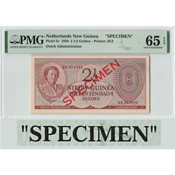 Netherlands New Guinea 2½ Gulden 1950 Indies Pick 5s Specimen PMG Gem UNC 65 EPQ